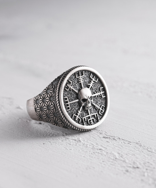 Срібний перстень VEGVISIR WITH SKULL / Персні + 8