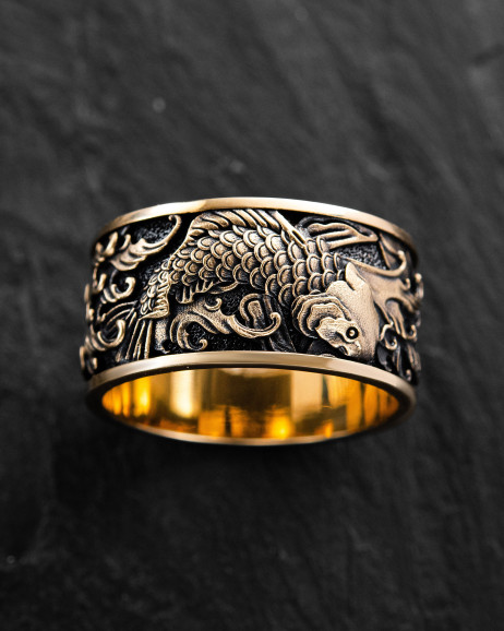 Ring JAPANESE KOI CARPS AND WAVES (14k yellow gold)