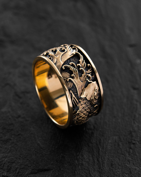 Ring JAPANESE KOI CARPS AND WAVES (14k yellow gold) 2