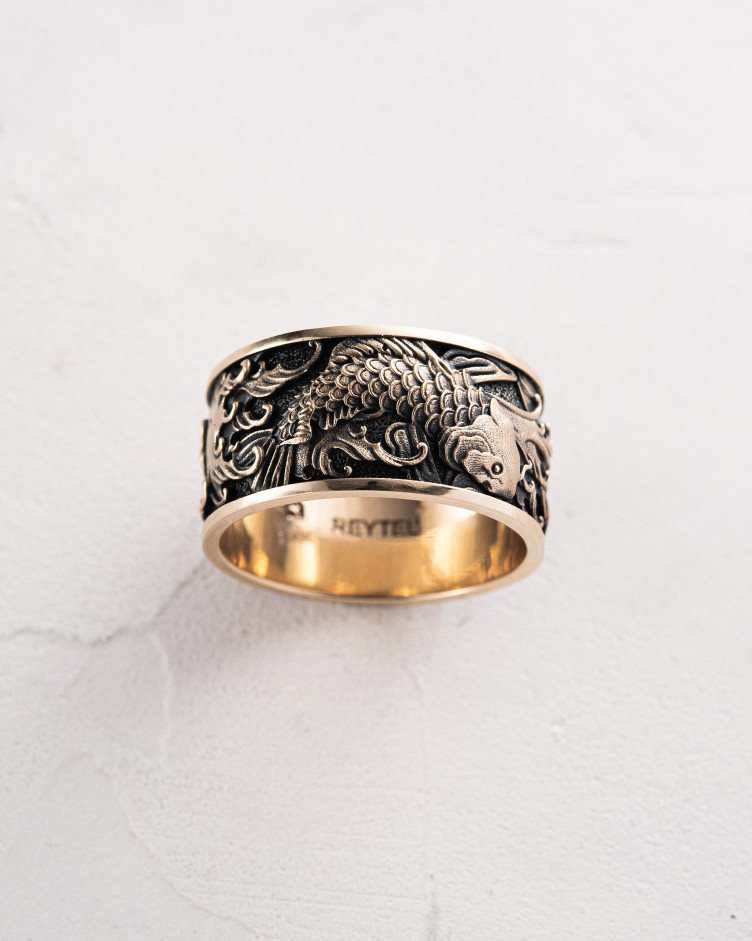 Ring JAPANESE KOI CARPS AND WAVES (14k yellow gold) 4
