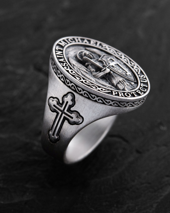 Серебряное кольцо SAINT MICHAEL PROTECT US / Кольца + 2