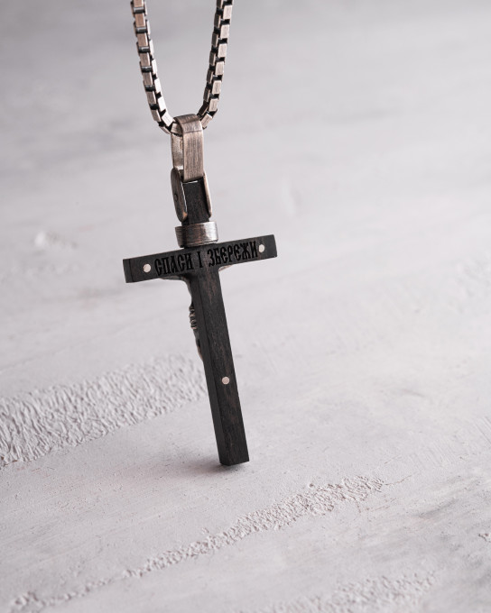 Серебряный крест CRUCIFIXION of JESUS CHRIST с эбеном / Кулоны + 4
