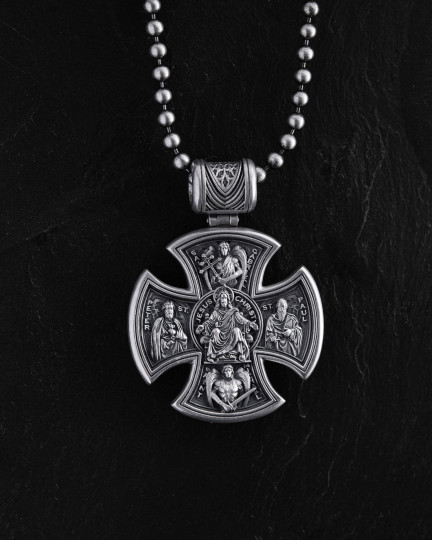 Серебряный крест JESUS ​​CHRIST. SAINT MARY, PRAY FOR US / Кулоны