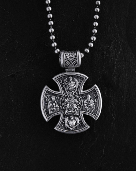 Срібний хрест JESUS ​​CHRIST. SAINT MARY, PRAY FOR US / Кулони