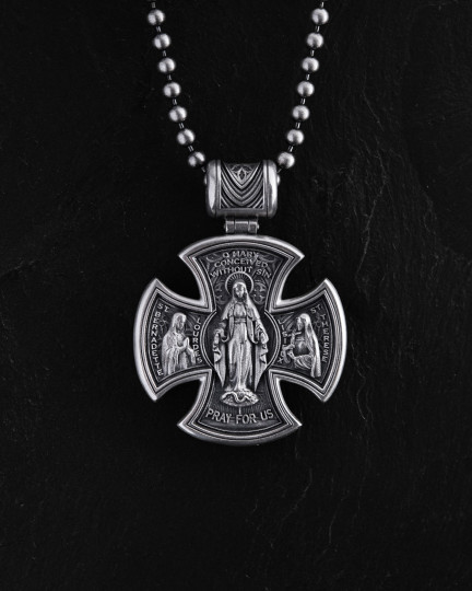 Серебряный крест JESUS ​​CHRIST. SAINT MARY, PRAY FOR US / Кулоны + 3