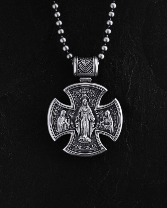 Срібний хрест JESUS ​​CHRIST. SAINT MARY, PRAY FOR US / Кулони + 3