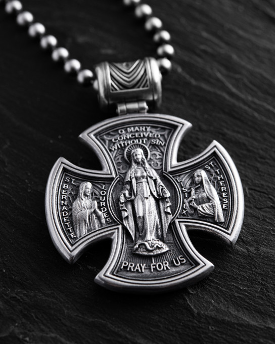 Срібний хрест JESUS ​​CHRIST. SAINT MARY, PRAY FOR US / Кулони + 5