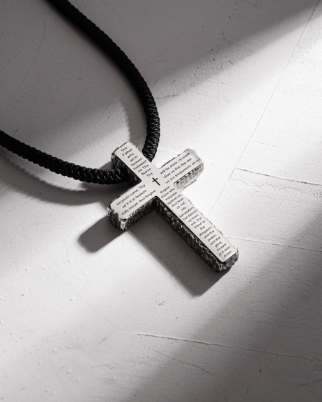 Silver cross on cord THE LORD'S PRAYER – OUR FATHER