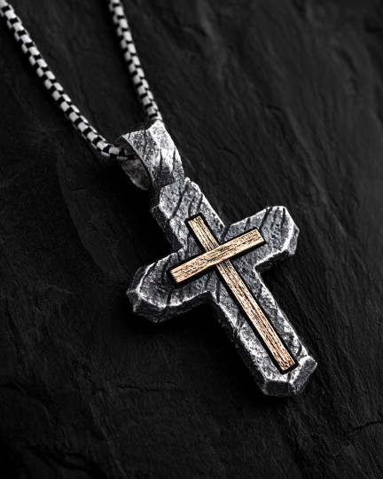 Срібний хрест CALVARY CROSS. IN GOD WE TRUST (вставка з жовтого золота 750) / Кулони