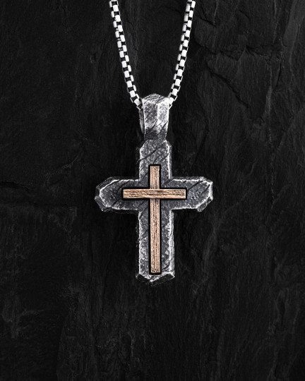 Срібний хрест CALVARY CROSS. IN GOD WE TRUST (вставка з жовтого золота 750) / Кулони + 3