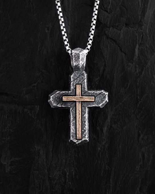 Срібний хрест CALVARY CROSS. IN GOD WE TRUST (вставка з жовтого золота 750) / Кулони + 3