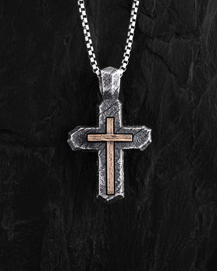 Срібний хрест CALVARY CROSS. IN GOD WE TRUST (вставка з жовтого золота 750) 2