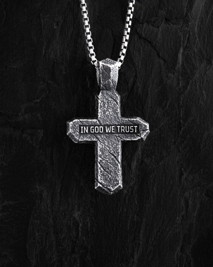 Срібний хрест CALVARY CROSS. IN GOD WE TRUST (вставка з жовтого золота 750) / Кулони + 4