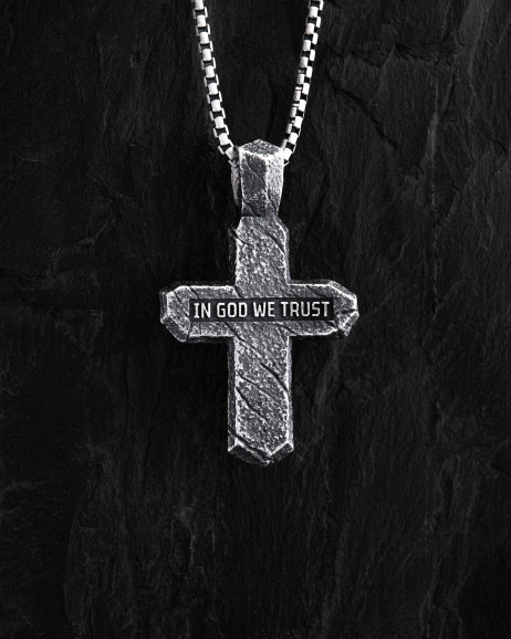 Срібний хрест CALVARY CROSS. IN GOD WE TRUST (вставка з жовтого золота 750) 3