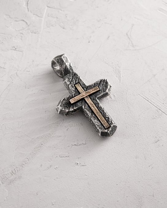 Срібний хрест CALVARY CROSS. IN GOD WE TRUST (вставка з жовтого золота 750) / Кулони + 5