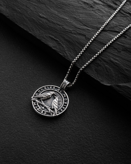 Срібний кулон ODIN'S RAVENS. RUNES. VALKNUT / Кулони + 3