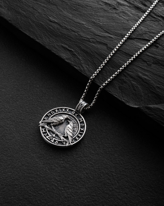 Срібний кулон ODIN'S RAVENS. RUNES. VALKNUT / Кулони + 3