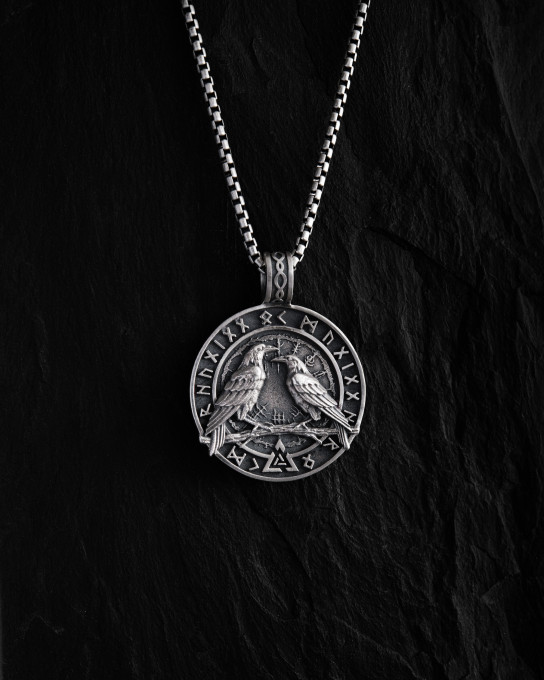 Срібний кулон ODIN'S RAVENS. RUNES. VALKNUT / Кулони
