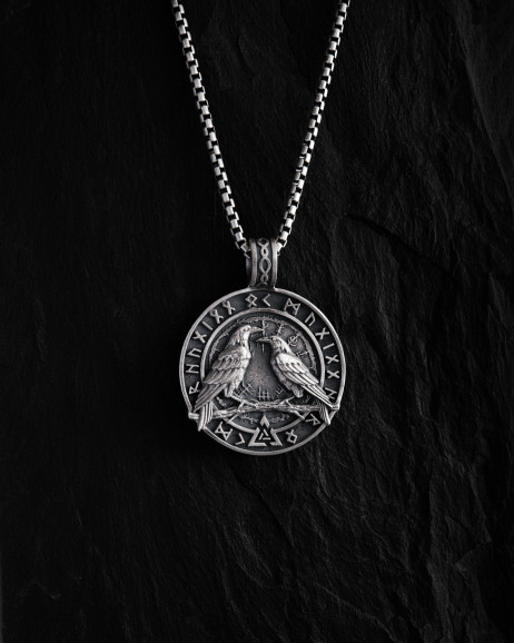 Срібний кулон ODIN'S RAVENS. RUNES. VALKNUT / Кулони