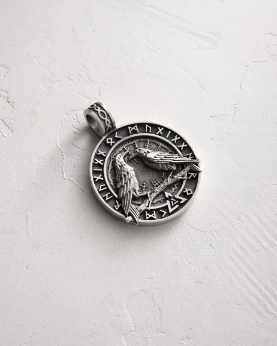 Срібний кулон ODIN'S RAVENS. RUNES. VALKNUT / Кулони + 4