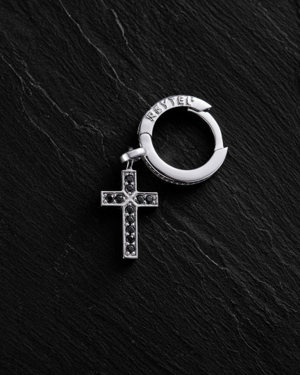 Сережка - кільце CROSS. BLACK STONES (біле золото) / Сережки