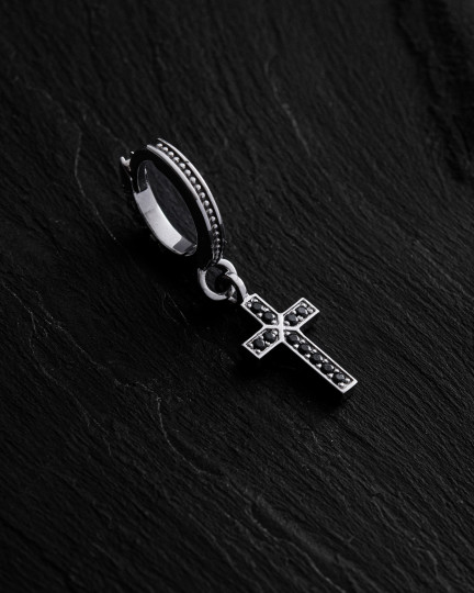Сережка - кільце CROSS. BLACK STONES (біле золото) / Сережки + 3
